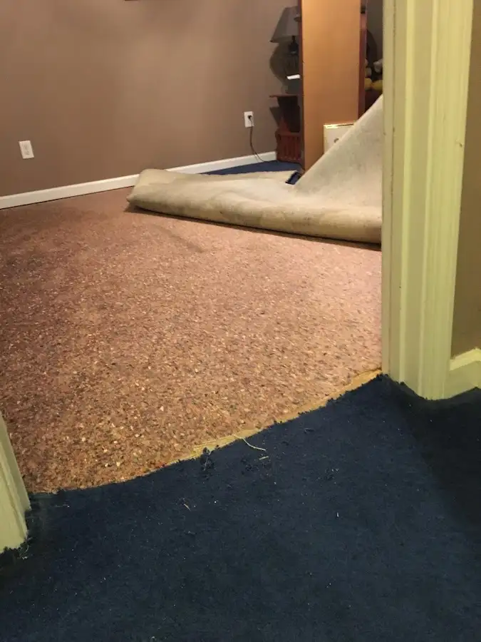 Carpet pad removal revealing water damage during Drying & Dehumidification in Bryan
